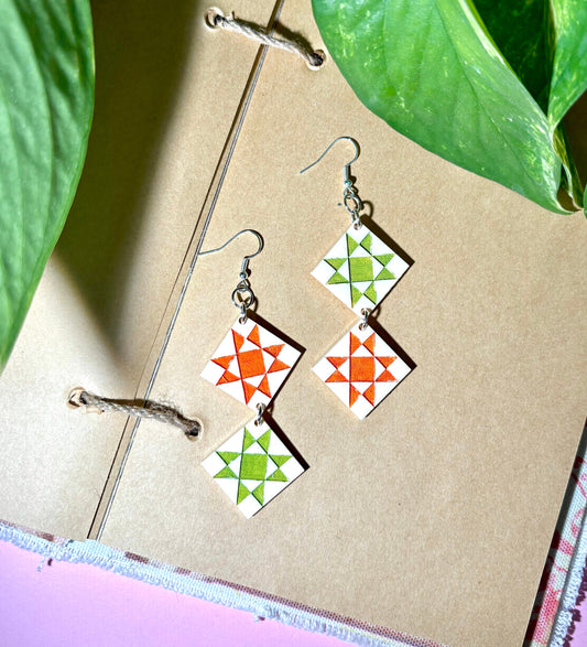 vintage quilt square acrylic earrings