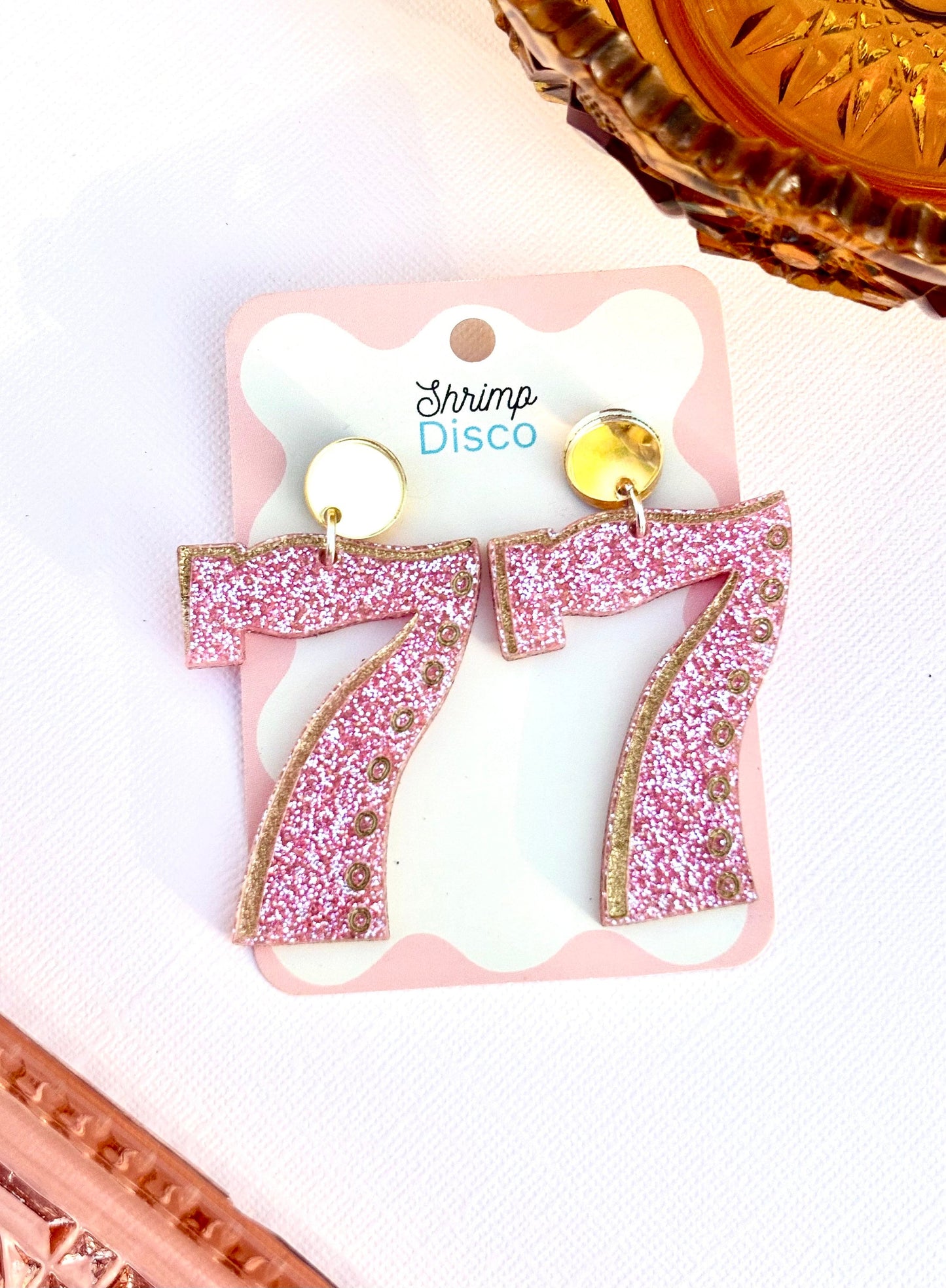 Lucky number seven pink glitter acrylic earrings