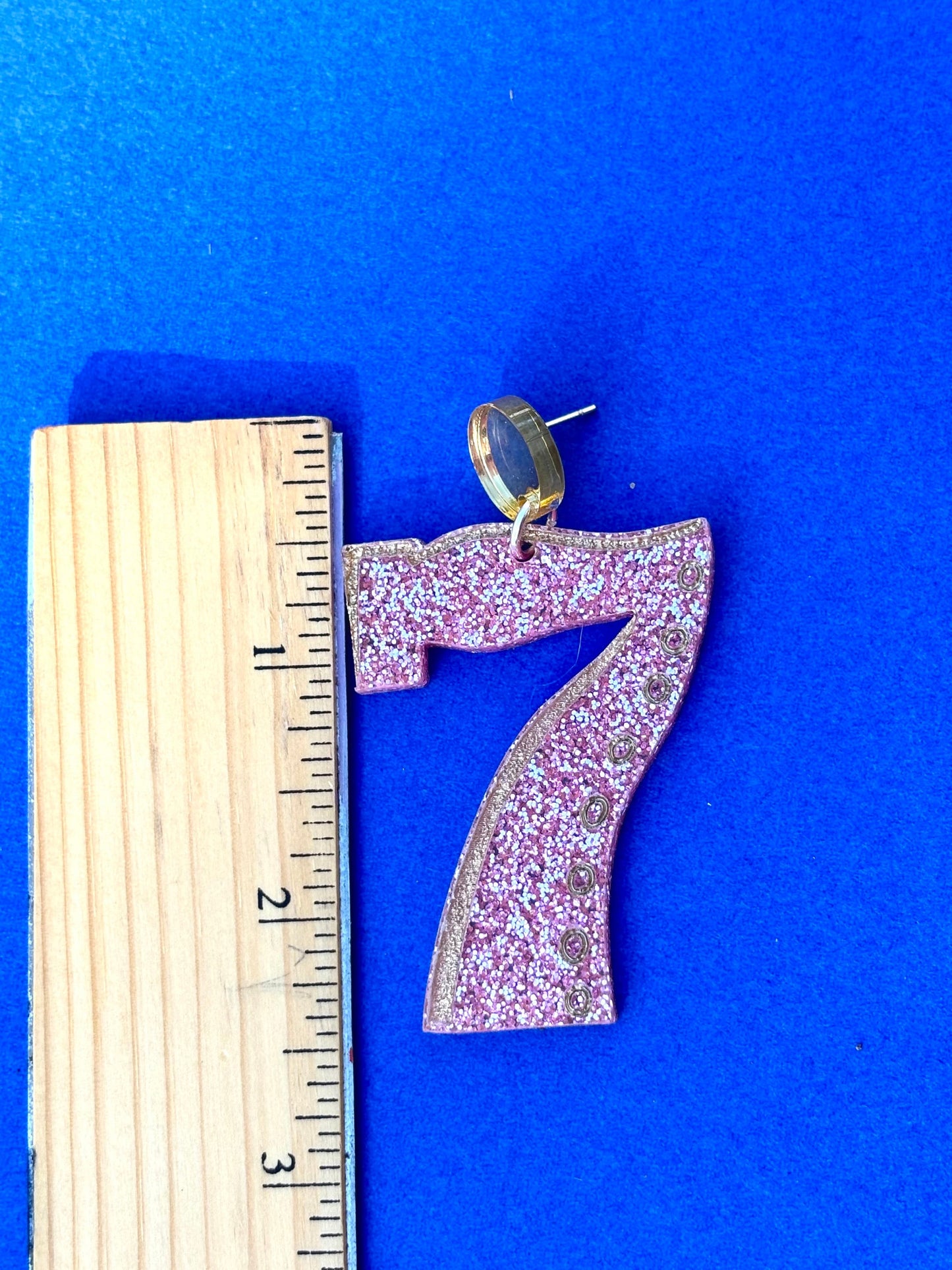 Lucky number seven pink glitter acrylic earrings