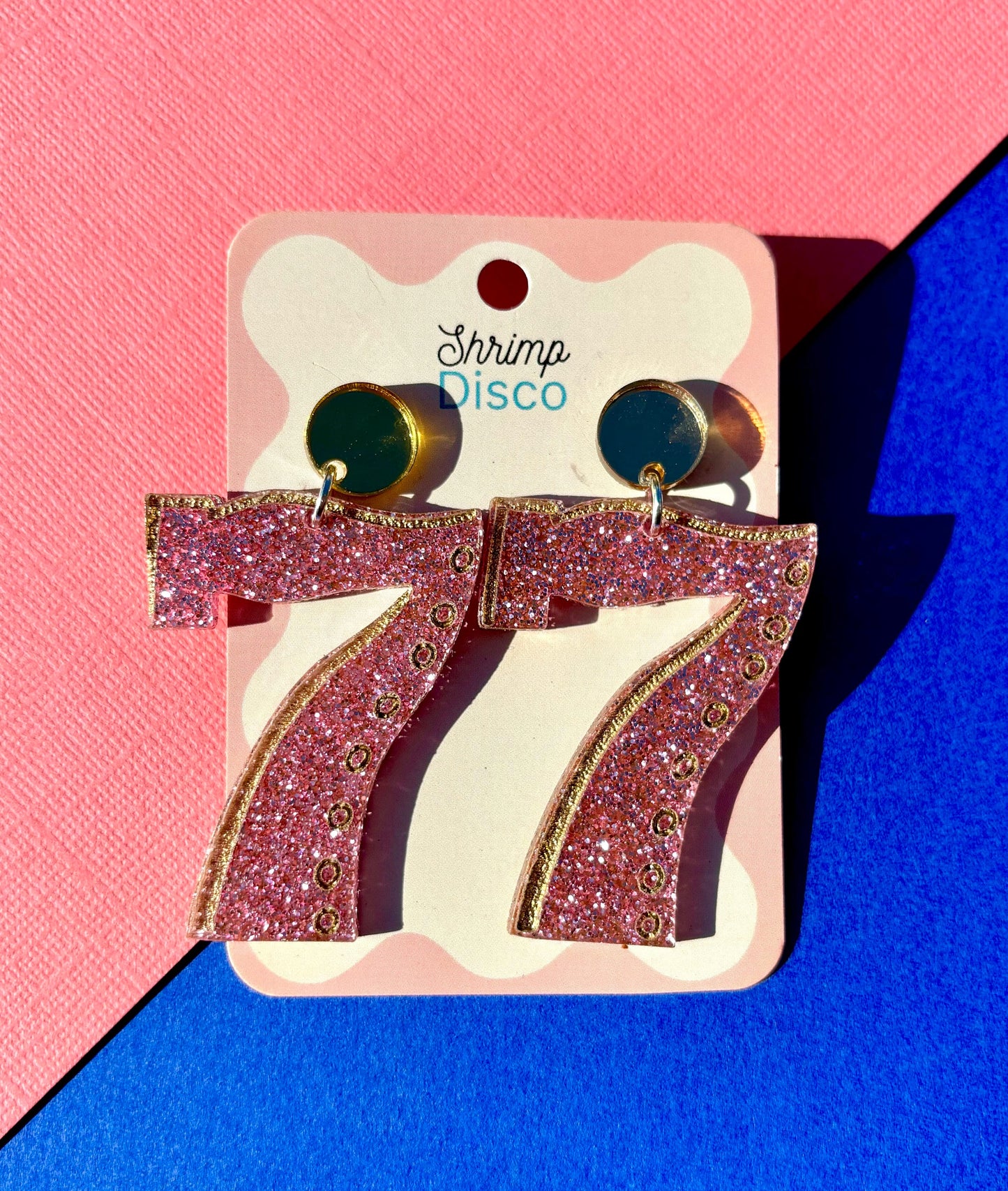 Lucky number seven pink glitter acrylic earrings