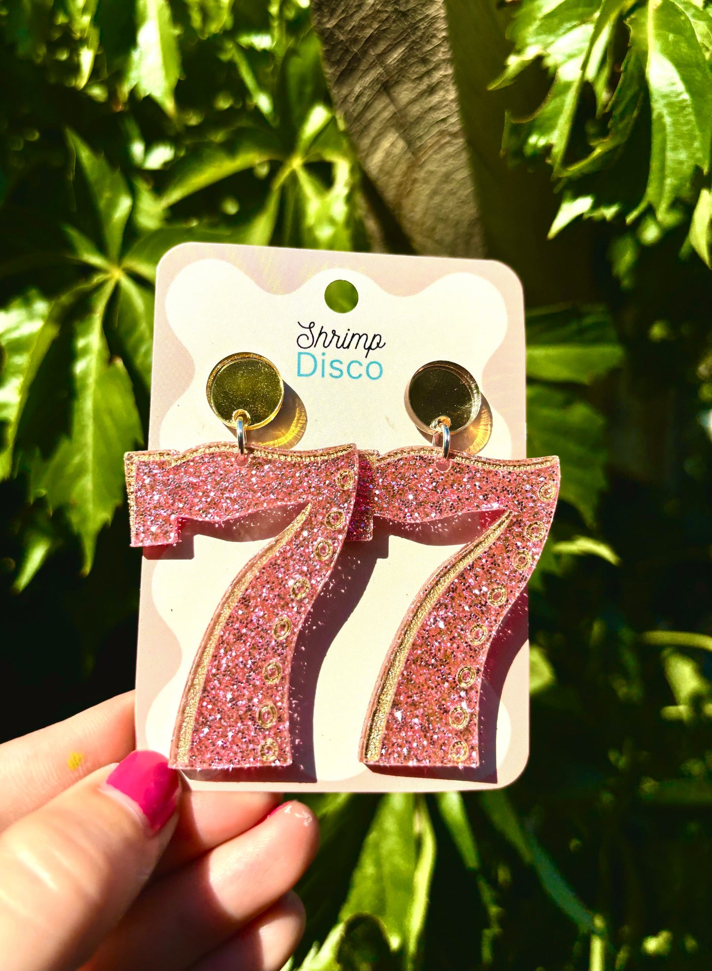 Lucky number seven pink glitter acrylic earrings