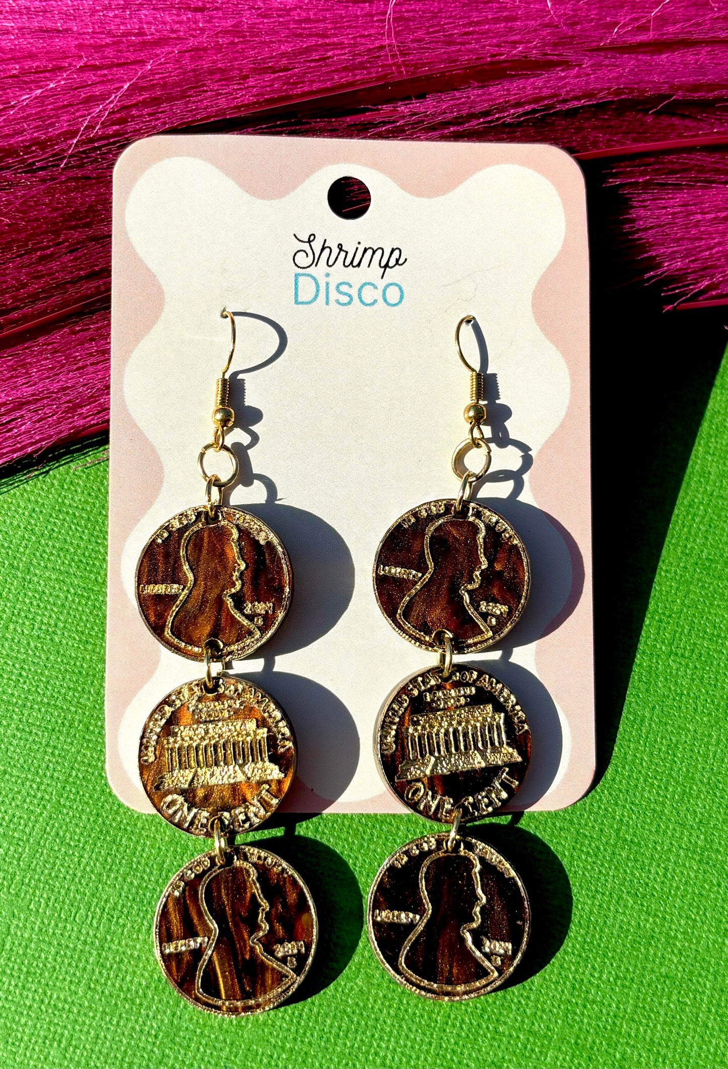 Lucky penny flip a coin acrylic statement earrings