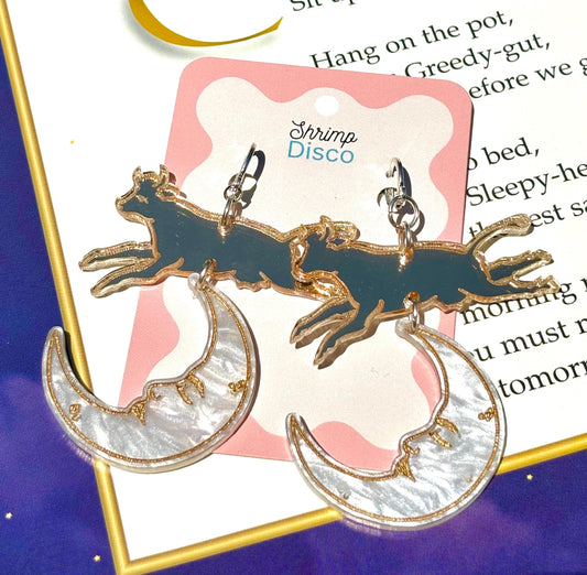 Cow jumping over the moon fairytale statement earrings