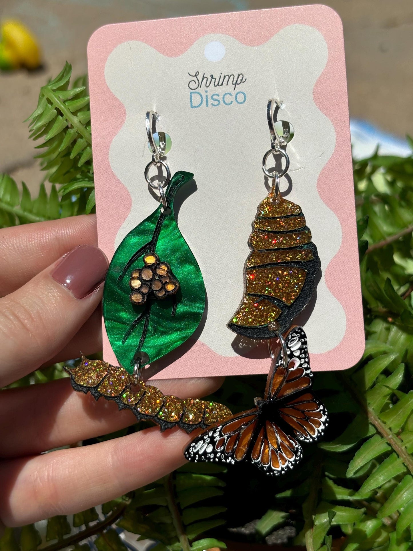 Mismatched butterfly life cycle phases acrylic earrings