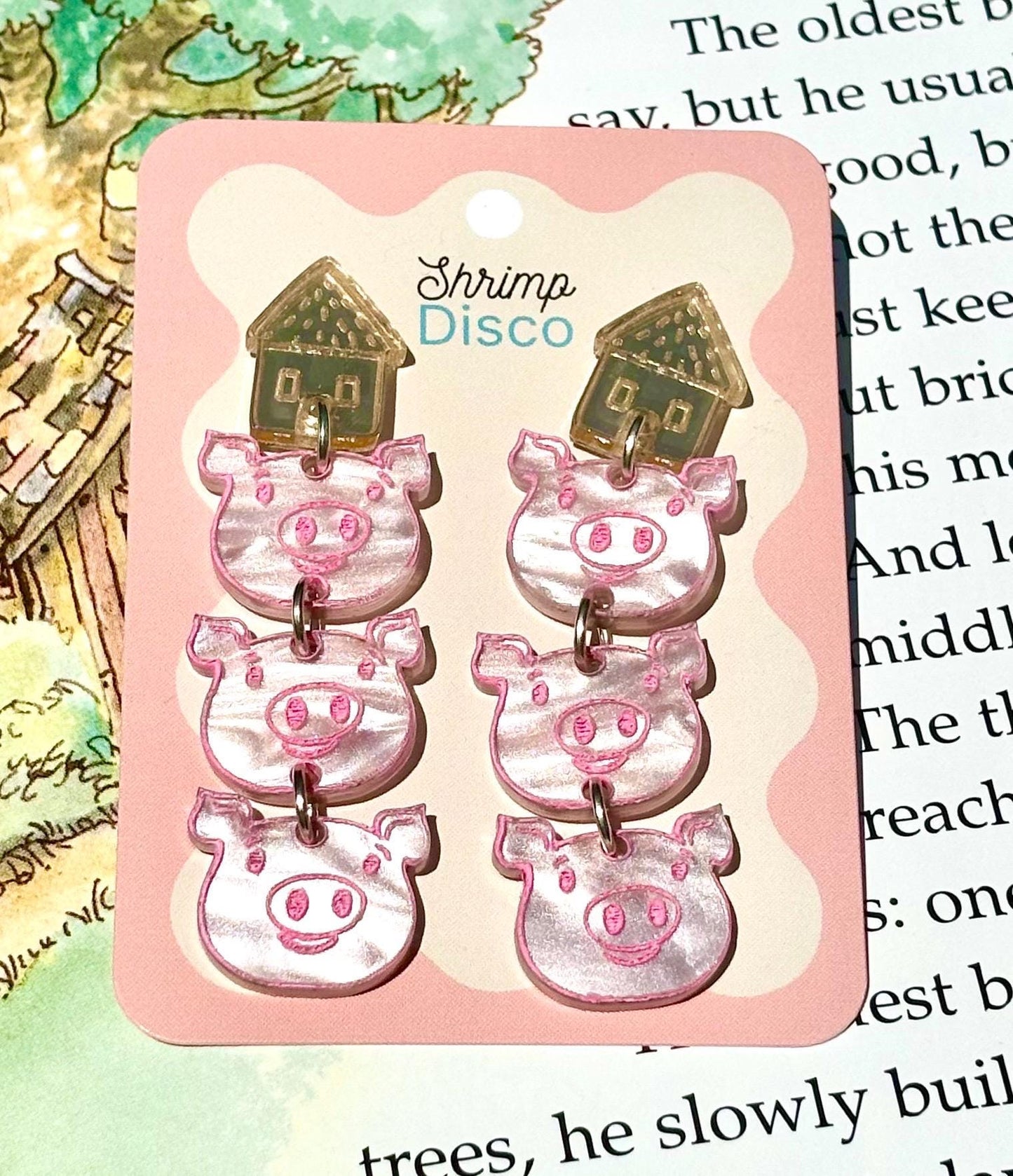 Three Little Pigs acrylic statement earrings