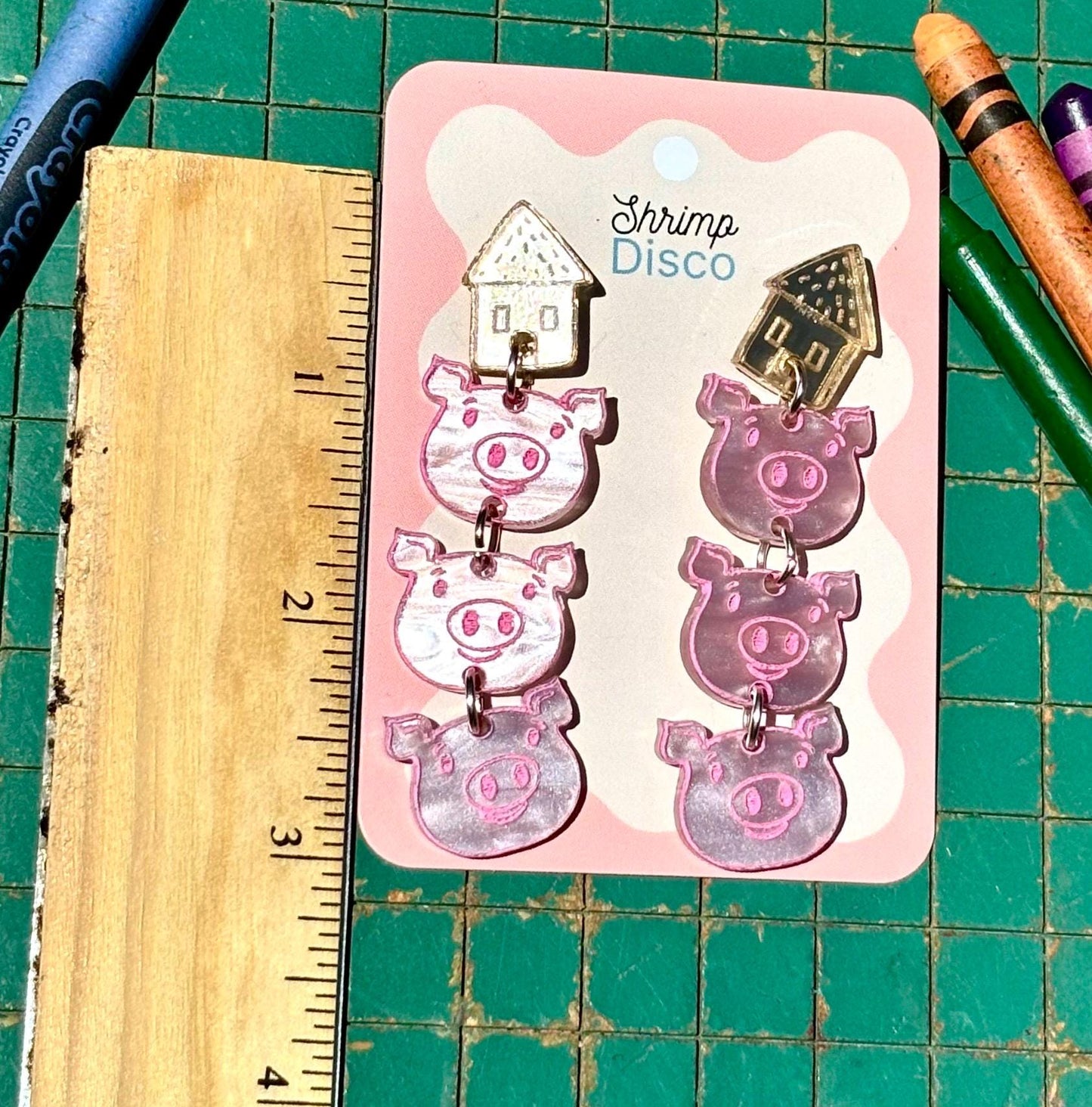 Three Little Pigs acrylic statement earrings