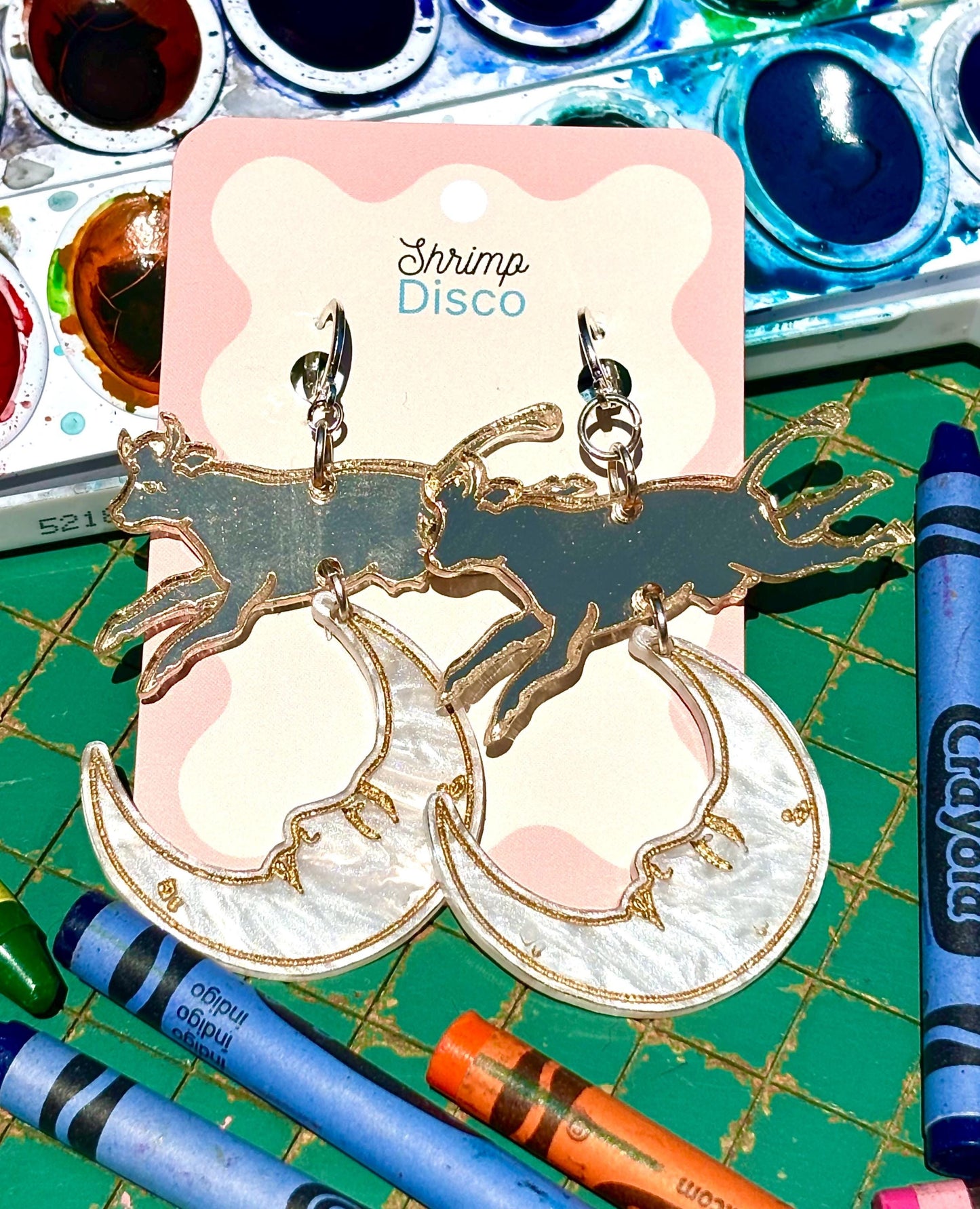 Cow jumping over the moon fairytale statement earrings