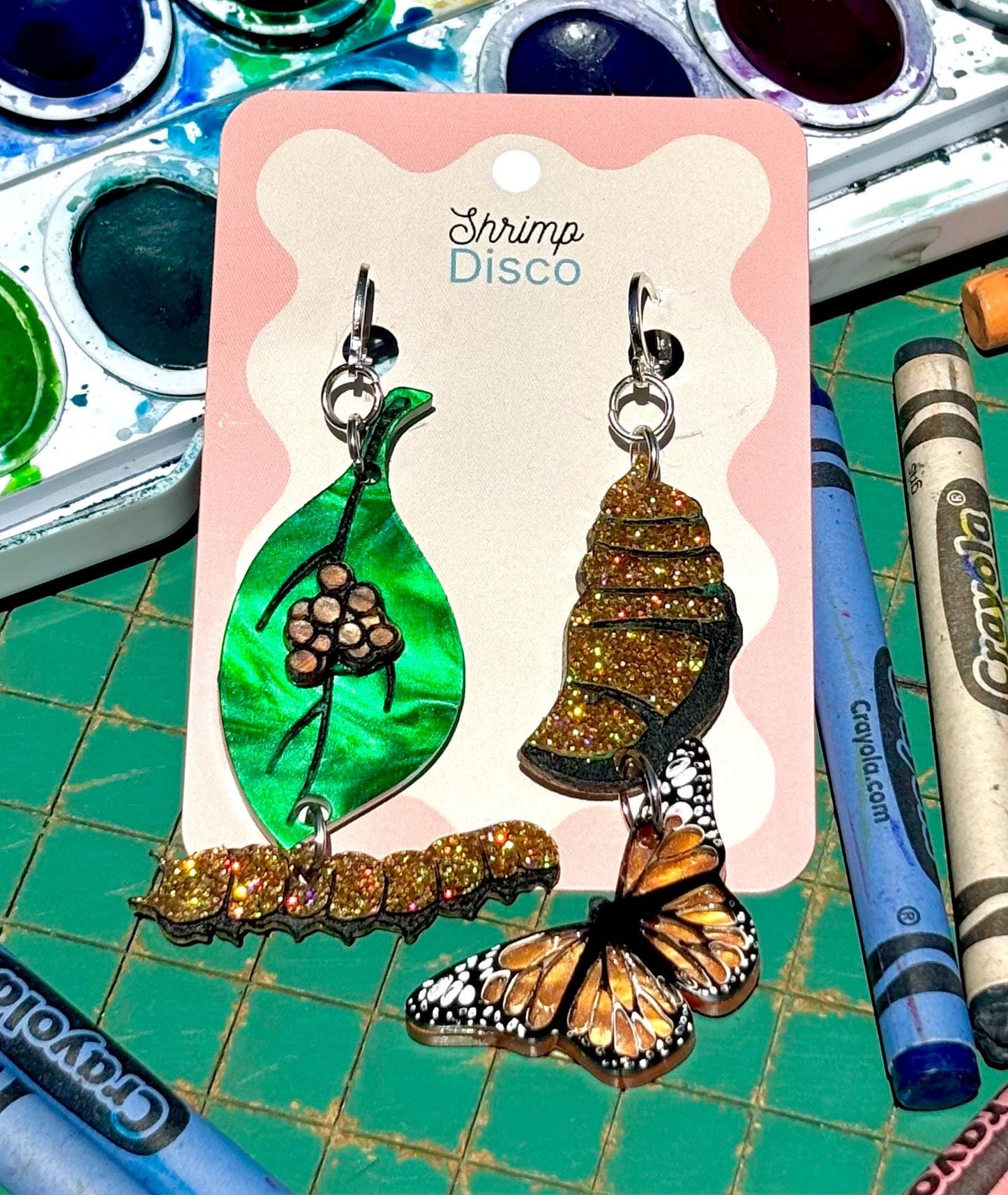 Mismatched butterfly life cycle phases acrylic earrings