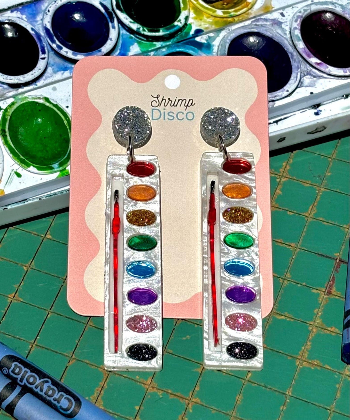 sparkly paint palette watercolor miniature acrylic statement earrings