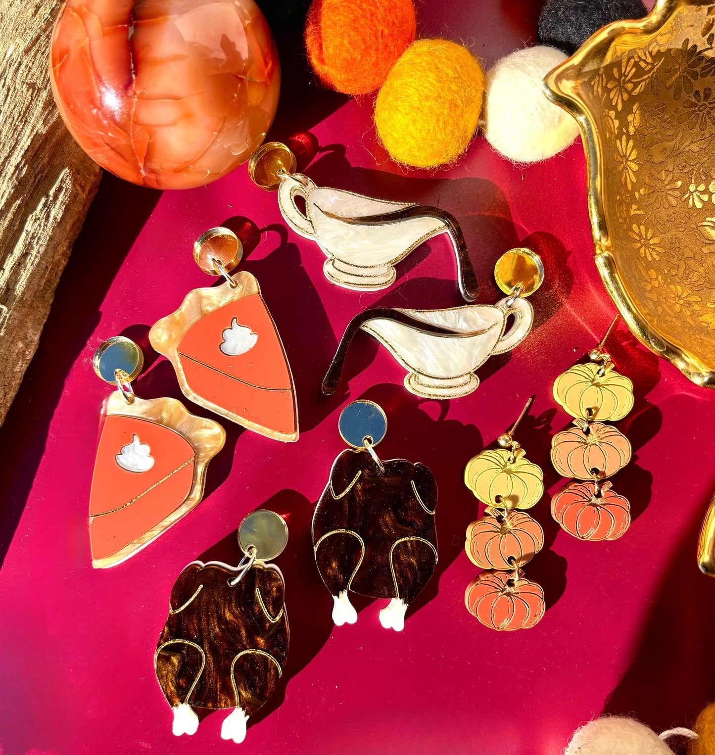 Thanksgiving holiday pumpkin pie acrylic statement earrings