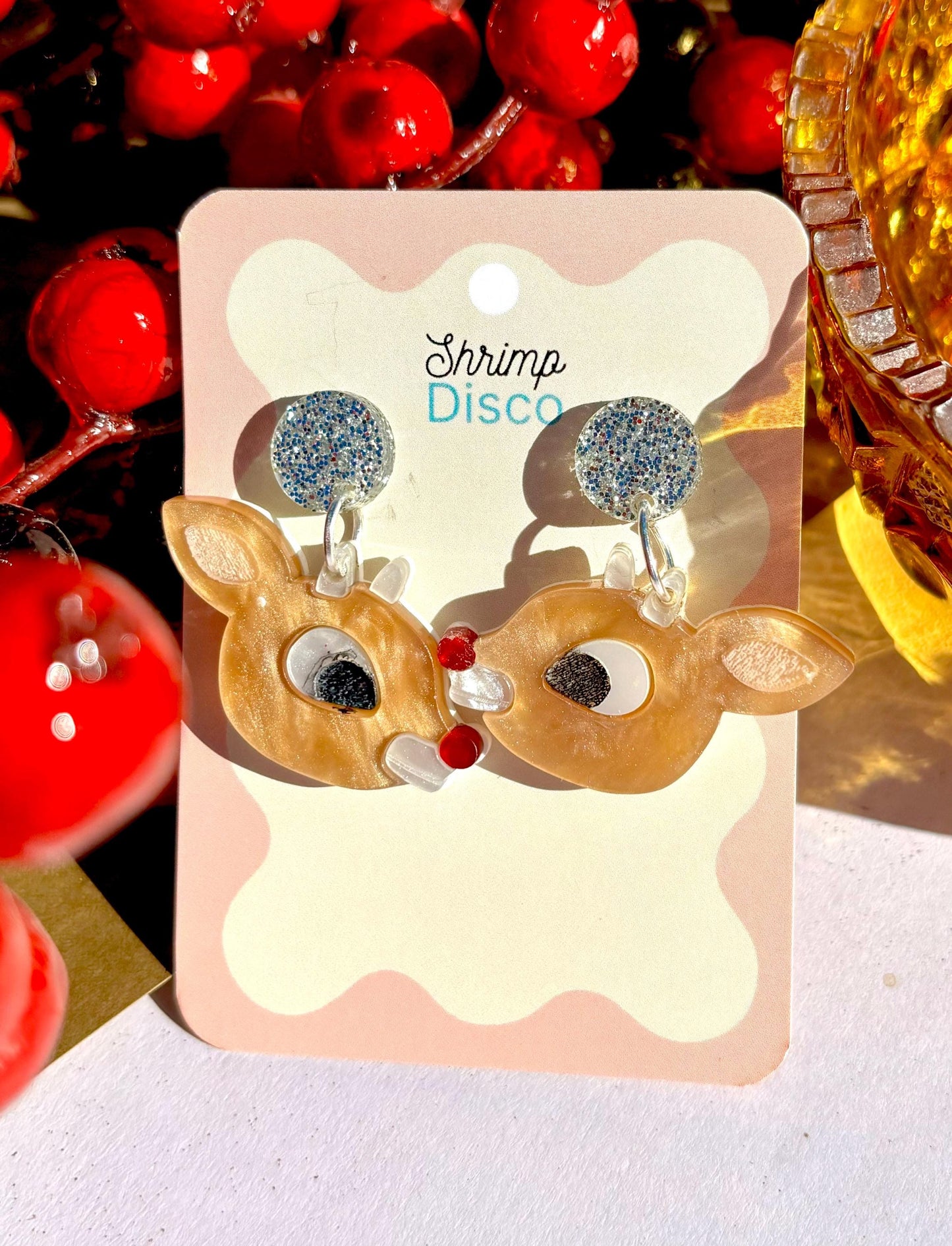 Rudolph the red nose reindeer pearlescent vintage inspired Christmas acrylic earrings