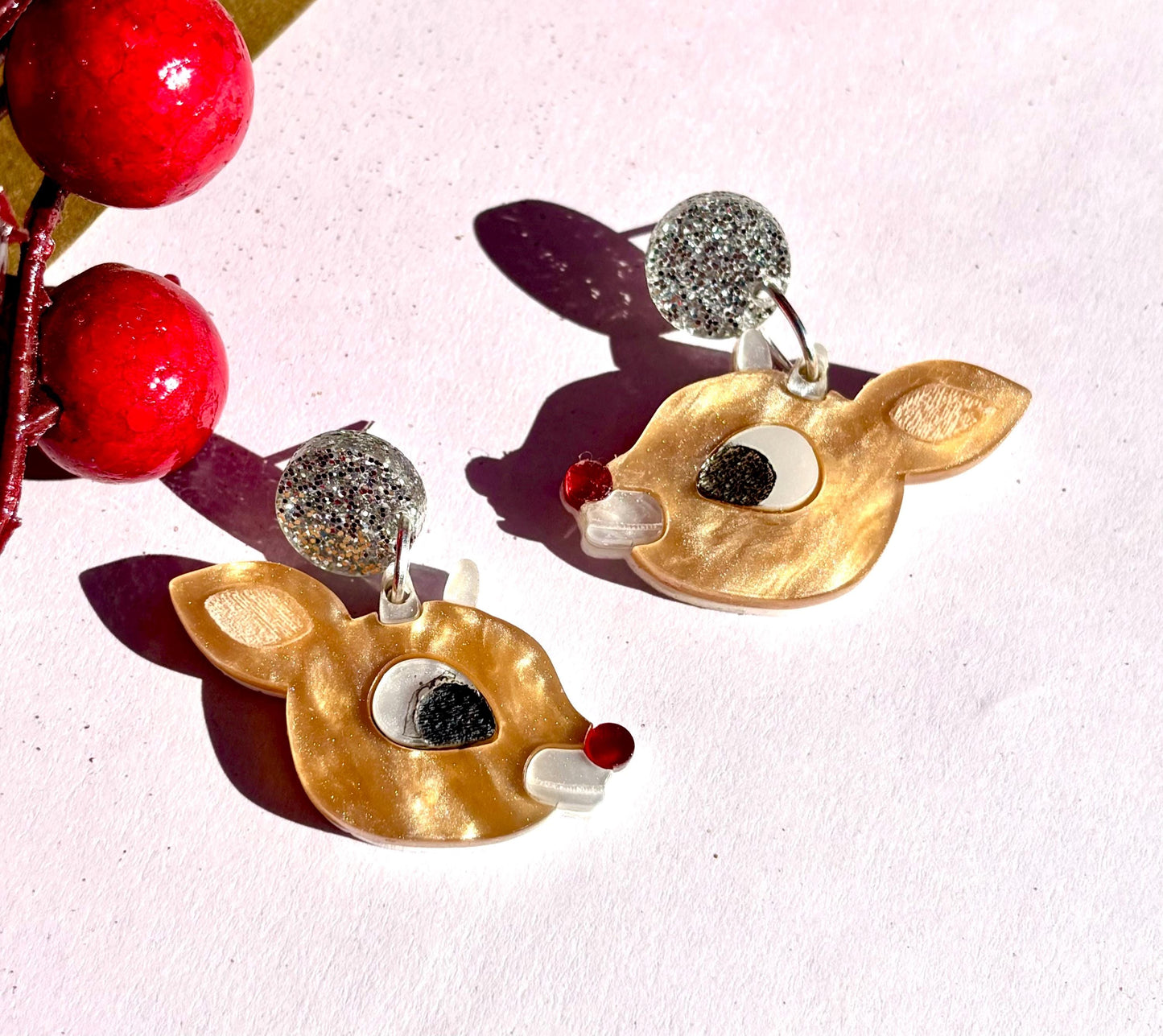 Rudolph the red nose reindeer pearlescent vintage inspired Christmas acrylic earrings