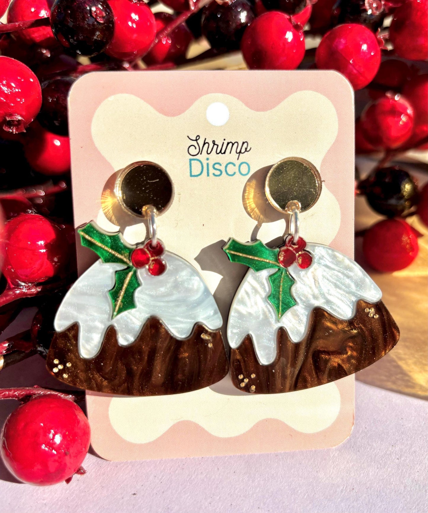 Christmas figgy puddling holiday dessert acrylic statement earrings