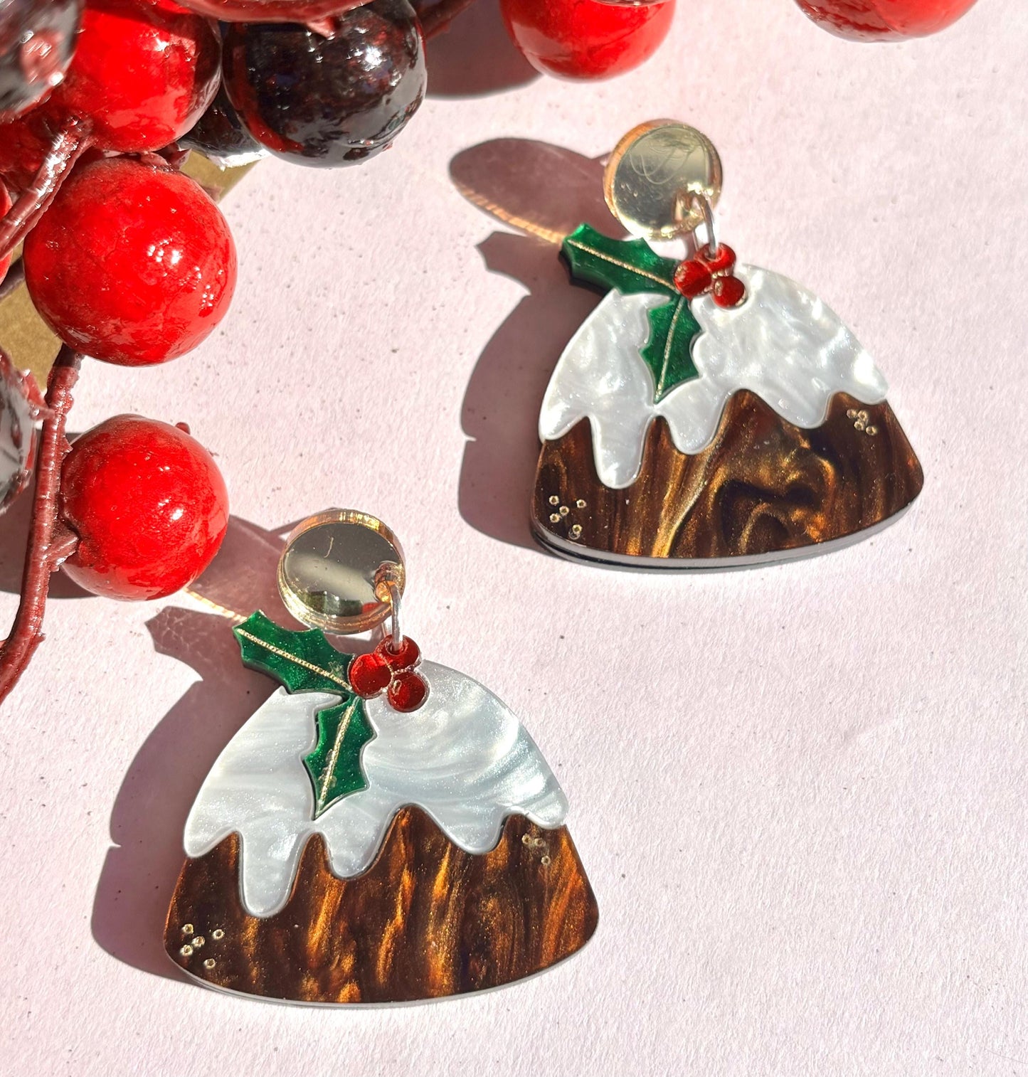 Christmas figgy puddling holiday dessert acrylic statement earrings